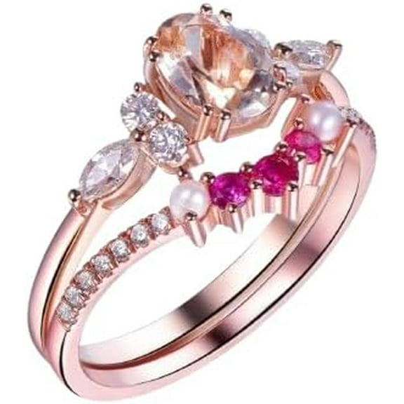 Dazzlingdaimonds Jewels 925 Sterling Silver 2.30 Ct Oval Cut Morganite & Diamond Wedding Engagement Thanksgiving Christmas Bridal Ring Set 14K Rose Gold Plated For Women's -7
