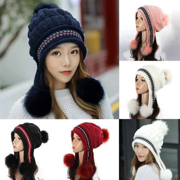 Womens Knit Winter Hat with Faux Fur Pom Pom Thermal Hemmed Brim for Cold Weather Protection