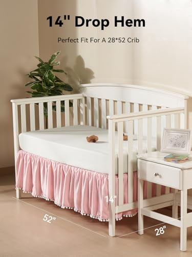 Baby Crib Skirt Girls Boys, Ruffled Bed Skirt with Pompoms, 28”x 52”, 14'' Drop, Pink