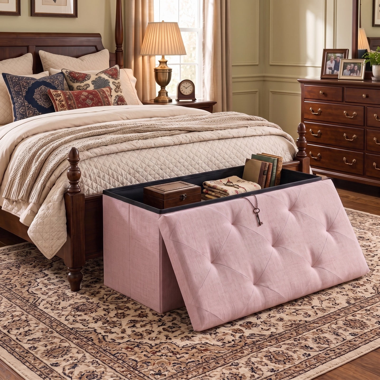 Telyra 43" Foldable Storage Ottoman Bench Fabric Footrest Stool with Foam Padded Seat, Pink