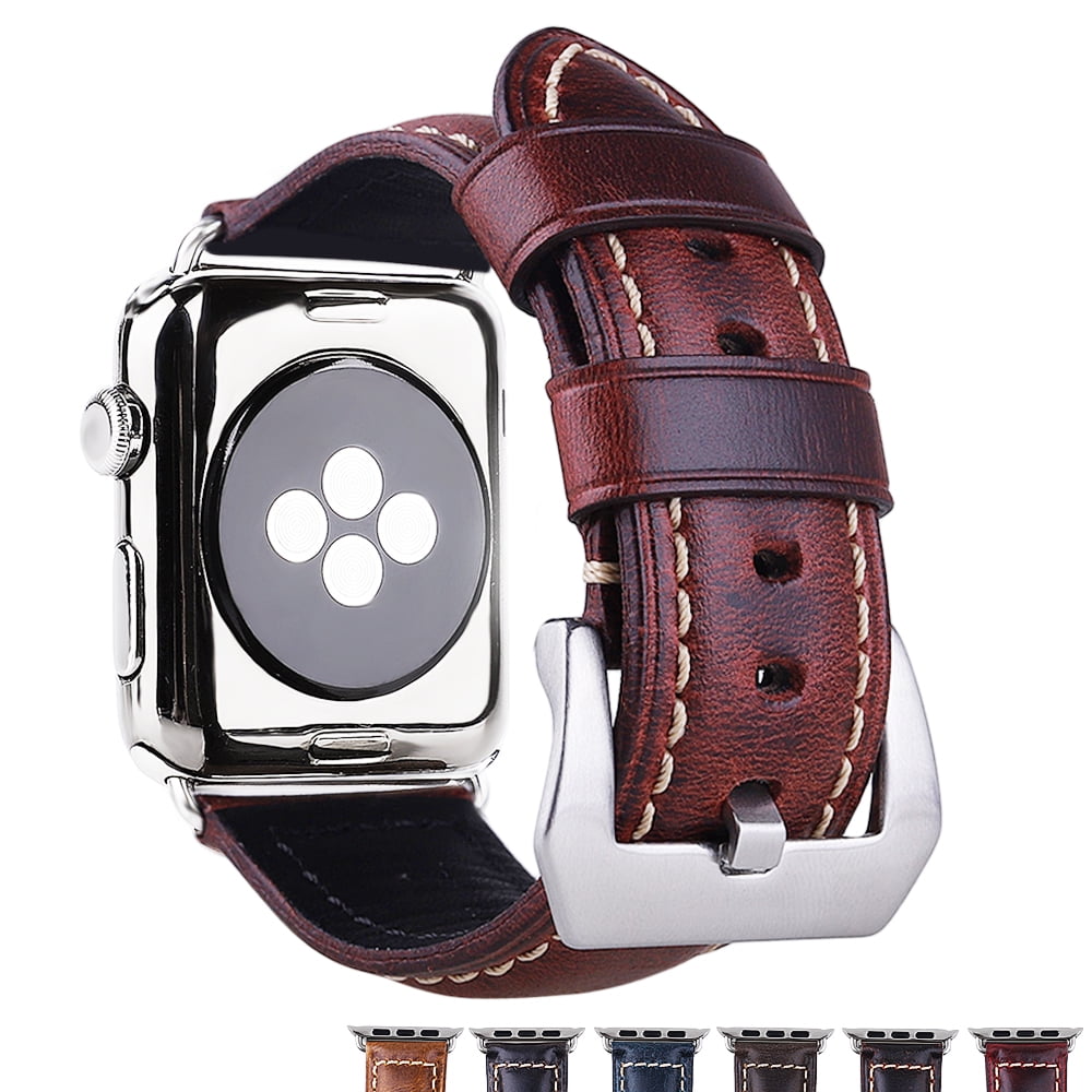 Genuine Leather Replacement Band Compatible For 38mm iwatch Apple Watch Series 3 To 1 Red Rough Oil Wax Vintage With Silver Buckle Silver Connector