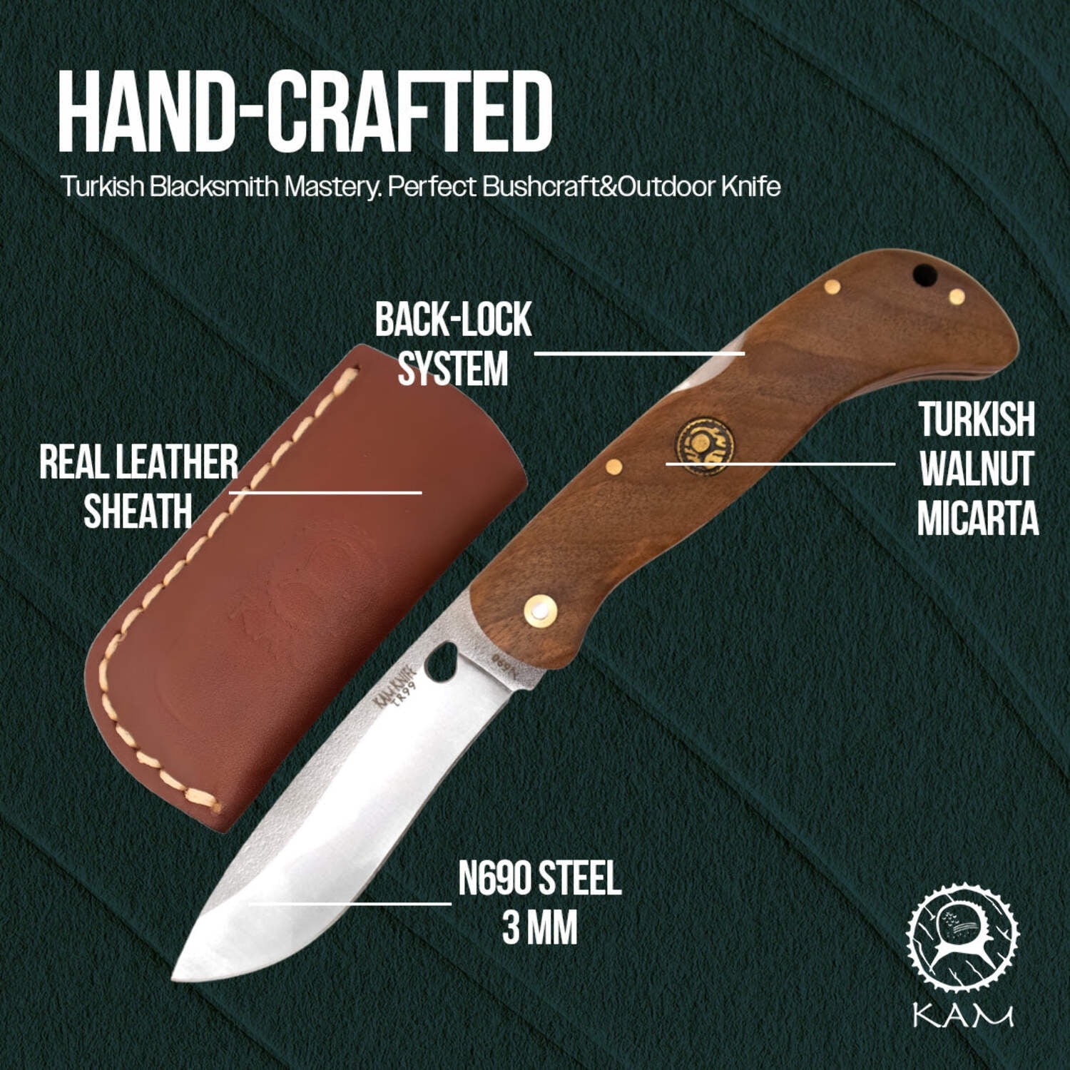 Kam Knife - Folding Knife BÖHLER Stainless Steel N690 with 3.14" Blade EDC Knife; Red Inlay Handle Camping Knife; Small Hunting Knife Perfect for Outdoors and Hiking