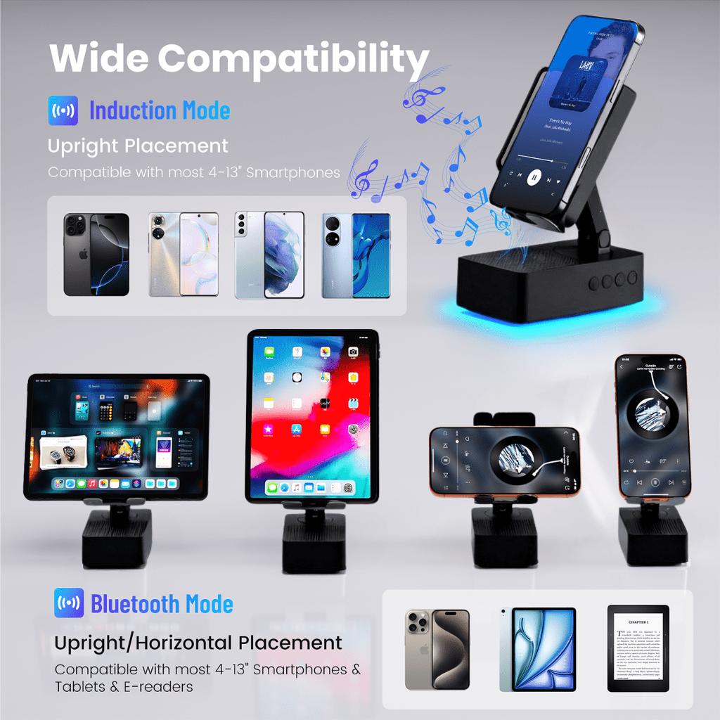 Wireless Induction Audio Bluetooth Speaker, Cell Phone Stand with Wireless Bluetooth Speaker, Unique Gifts for Men/Women, Adjustable Phone Holder with Colorful Ambient Light for iPhone/iPad