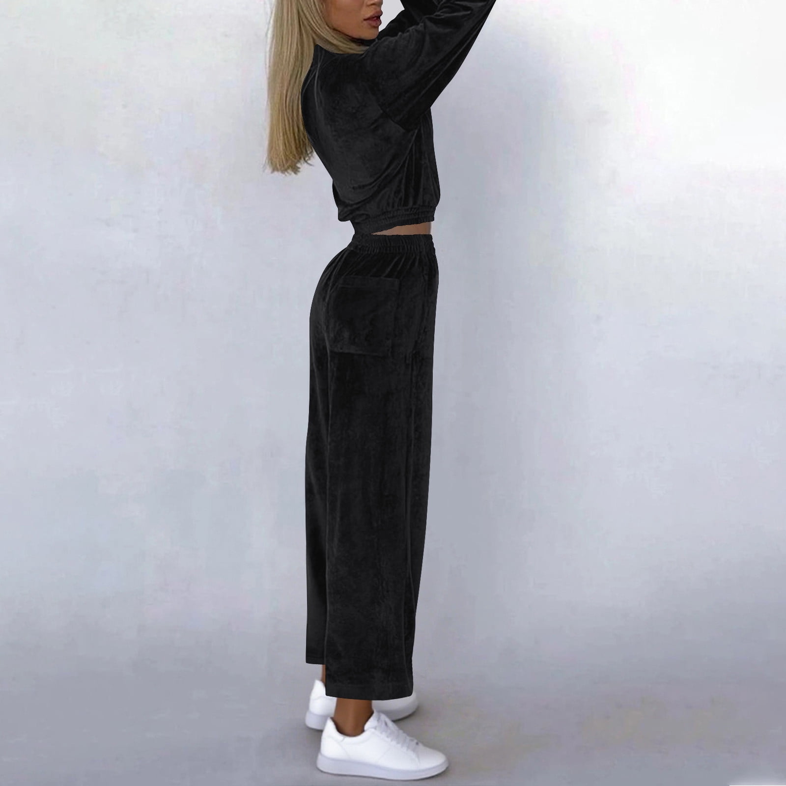 UPPADA Womens Two Piece Sweatshirts Set 2 Piece Long Sleeve Zip Up Tops Casual Loose Pant Outfits Set Ladies 2 Piece Pants Sets Casual Spring Lounge Set Black,M
