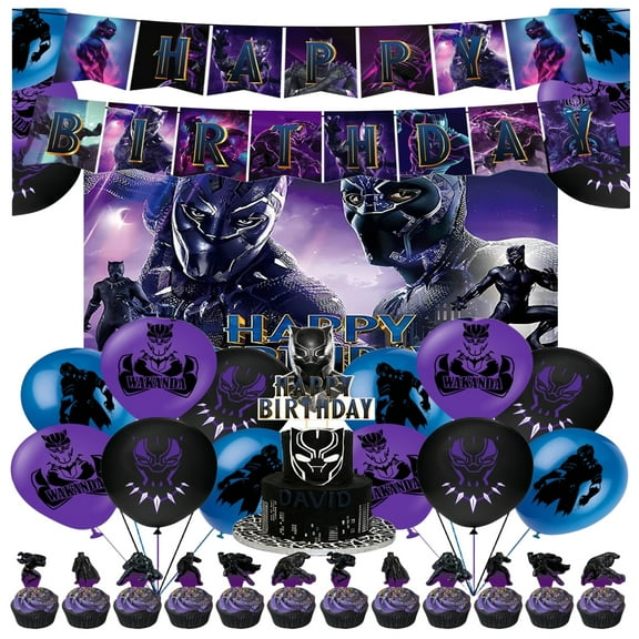Black Panther cartoon party supplies, superhero birthday party decorations including happy birthday banner, balloons, cake topper