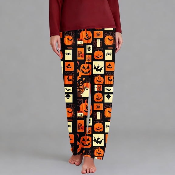 YABCSAZ Womens Halloween Pajama Pants Bat Moon Print Soft Fleece Elastic Waist Straight Leg Cozy Sleep Bottoms Fall Winter Warm Indoor Loungewear with Pockets for Women