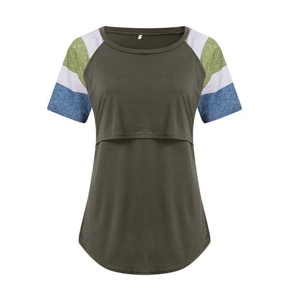 Mujeres Maternidad Embarazada Camisas Blusas Raya de Enfermería Manga Corta Cuello Redondo Blusa de Lactancia Odeerbi ODB123484