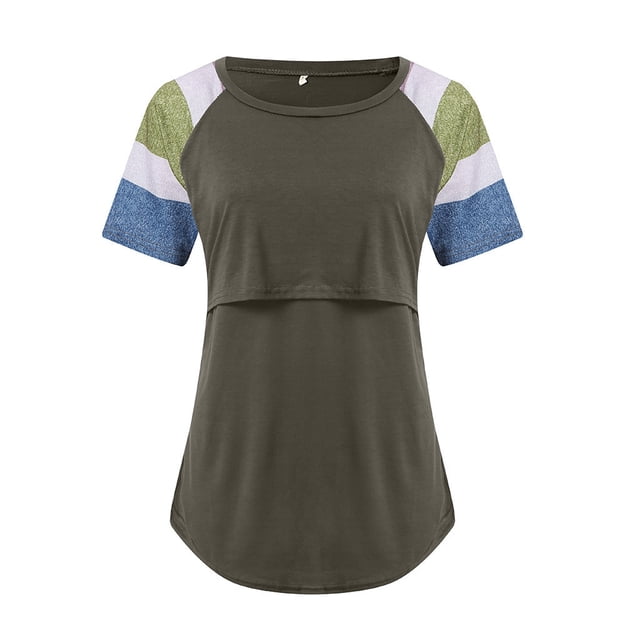 Mujeres Maternidad Embarazada Camisas Blusas Raya de Enfermería Manga Corta Cuello Redondo Blusa de Lactancia Odeerbi ODB123484
