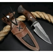 Yazoo Knives Handmade Damascus Buck Hunting Knife with Leather Sheath - Ideal for Skinning, Camping, EDC Fixed Sharp 5" Blade, Walnut Wood Handle, Bushcraft Knife, Predator Hunter