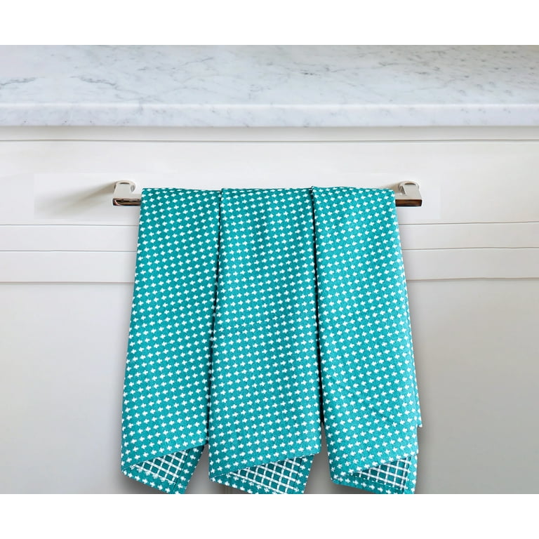 All Cotton and Linen Kitchen Towels and Dish Cloths Set, Cotton Dish Towels,  Farmhouse hand Towels, Teal with Hanging Loop (White/Teal) 6 Pack, 18x28 