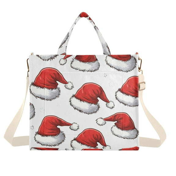 FORMRS Womens Corduroy Tote Bag Crossbody Shoulder Handbag with Pocket, Red Santa Hats Pattern