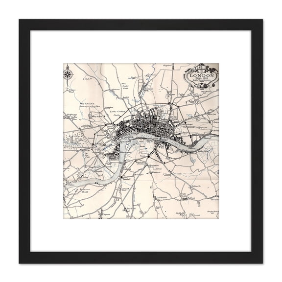 Map Crown 1930 London City England 1660 Plan Chart 8X8 Inch Square Wooden Framed Wall Art Print Picture with Mount