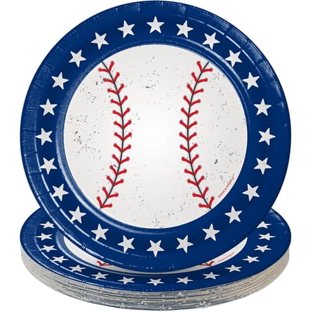HOME & HOOPLA Baseball Party Supplies - Red, White, & Blue All-Star Round Paper Dessert Plates for 16 Guests