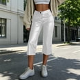thumbnail image 2 of Women’s Faux Leather Capri Pants Elastic High Waist with Zipper & Button Closure, Loose Straight Wide Leg Cropped Trousers with Pockets White, 2 of 9