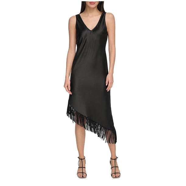 DKNY Womens Embellished Asymmetrical Slip Dress, black, XL