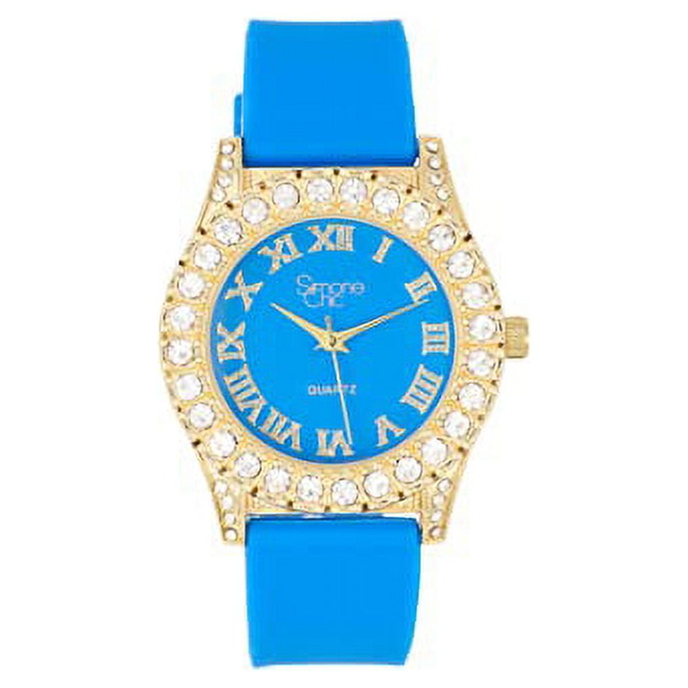 Simone Chic. Women's Big Rocks Fully Iced Bezel Colored Dial w/Easy Reader Roman Numerals Colorful Rubber Band Watch - ST10357LA (4pcSet Gld Bright Blue)
