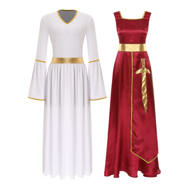 Raenseen Robes de Danse pour Femmes Tenues de Culte Col Carré Tunique avec Robes à Manches Longues Bourgogne&Blanc m