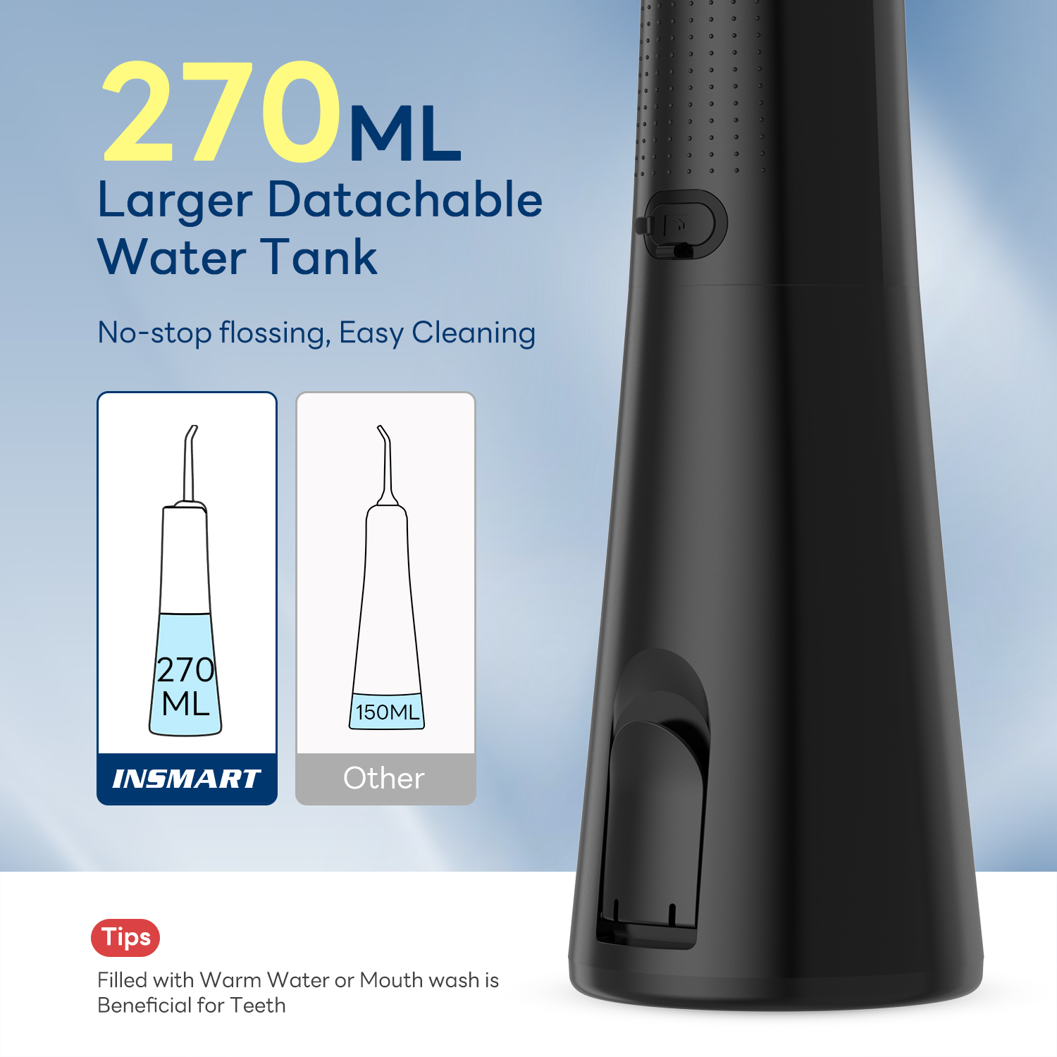 INSMART Cordless Water Flosser Dental Teeth Cleaner with 7 Jet Tips, 5 Mode 270 ML Tank IPX7 Waterproof,New Absorbent Balls to Filter Impurities