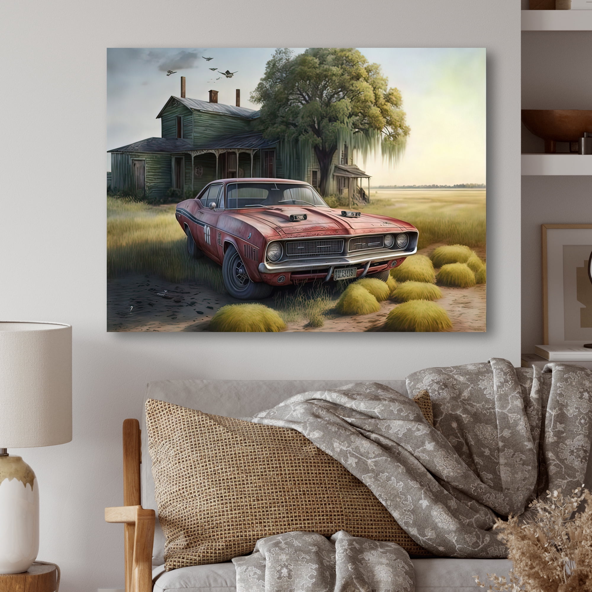 Designart Orange Muscle Car At The Barn Canvas Wall Art