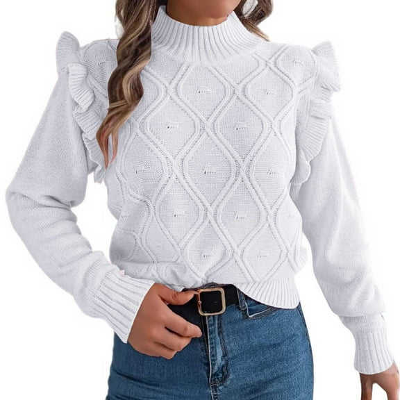 Ediodpoh Womens Sweaters Solid Round Neck Long Sleeved Stand up Collar Pullover Casual Top Soft White S