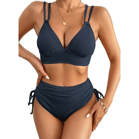 High Waisted Bikini Sets Bikinis for Women Swimsuit Ribbed V Neck Drawstring Tie Side Bottom Two Piece Bathing Suit Size L