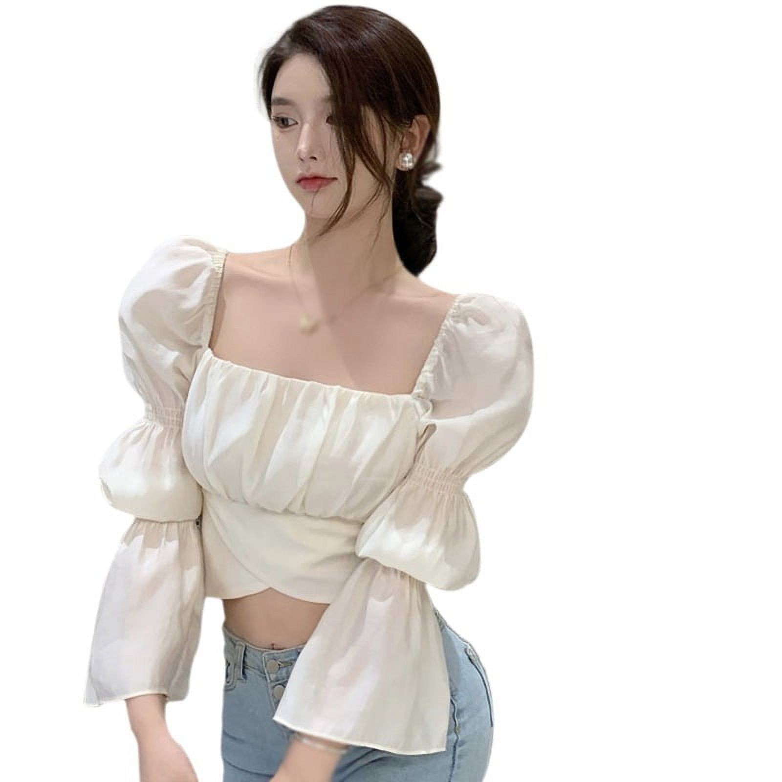 Women's Sexy Frill Smock Crop Top Sweet Square Neck Long Sleeve