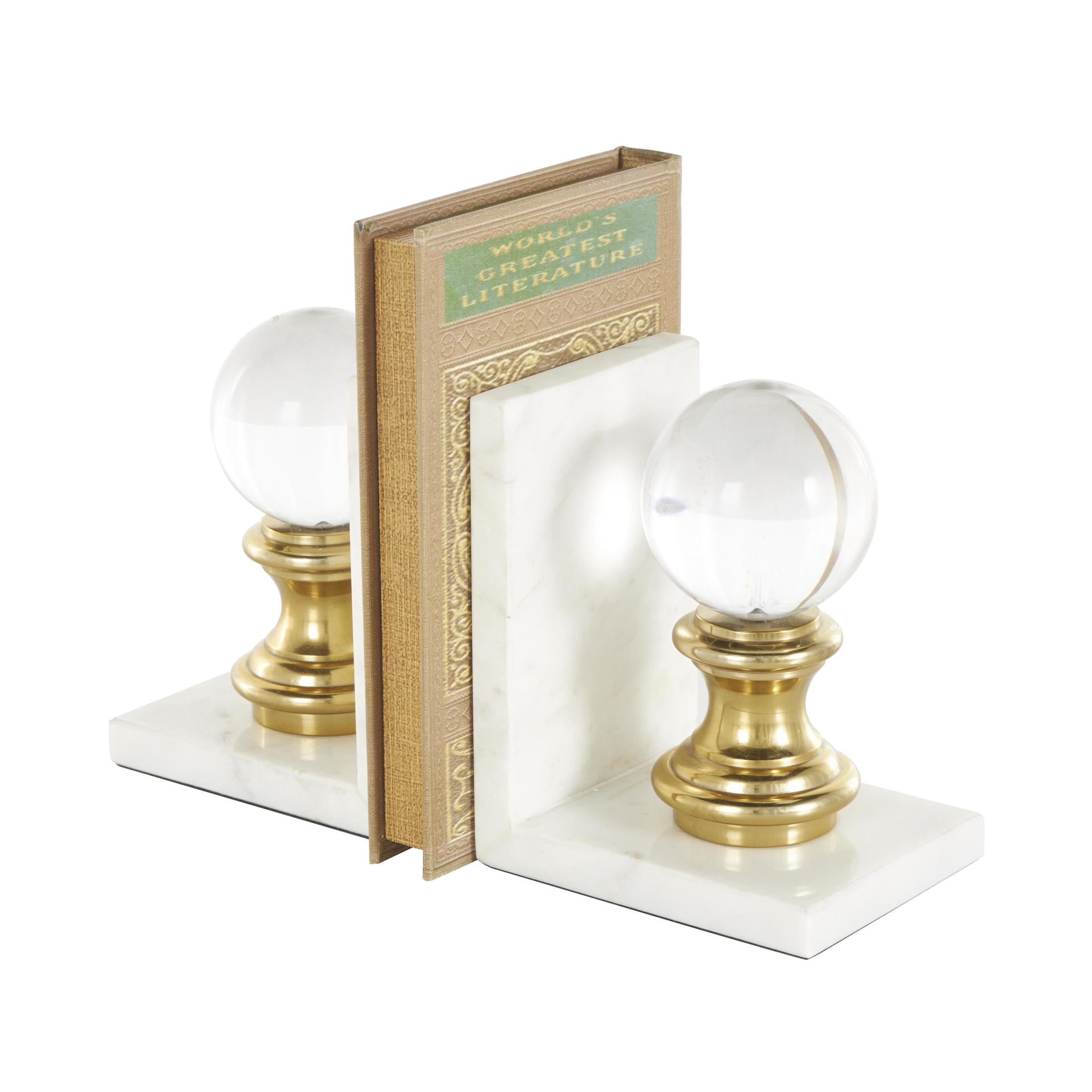 DecMode 5" White Marble Bookends with Glass Orbs and Gold Accents (Set of 2)