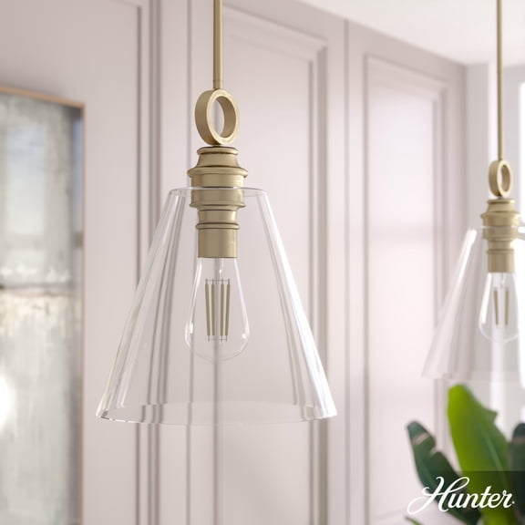 Hunter - Klein 1-light Alturas Gold, Medium Size Pendant Light, Dimmable, Casual Style, Cone Shaped, for Bedrooms, Dining, Living Rooms - 19438