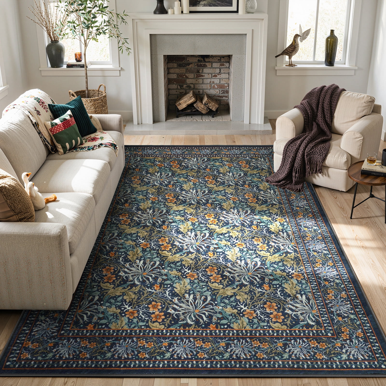 SUNDEREY 8'x10' Vintage Floral Area Rugs for Living Room, Washable Large Boho Area Rugs for Bedroom, Soft Non-Slip Thin William Morris Botanical Rug for Dining Room Home,Dark Green