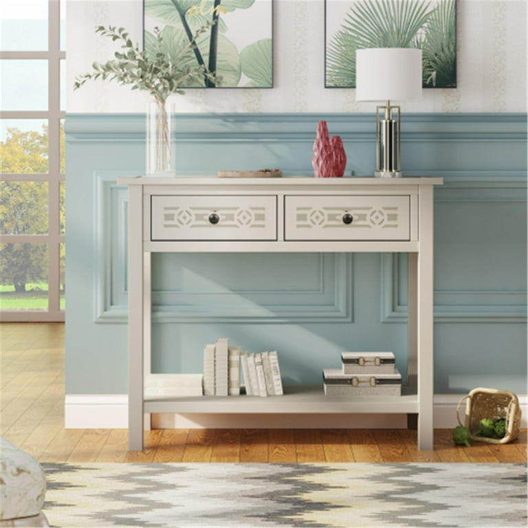 Ivory Console Table with Hollow Out Decoration and Drawers For Entryway Living Room 35.4 L x 13.8 W x 30 H