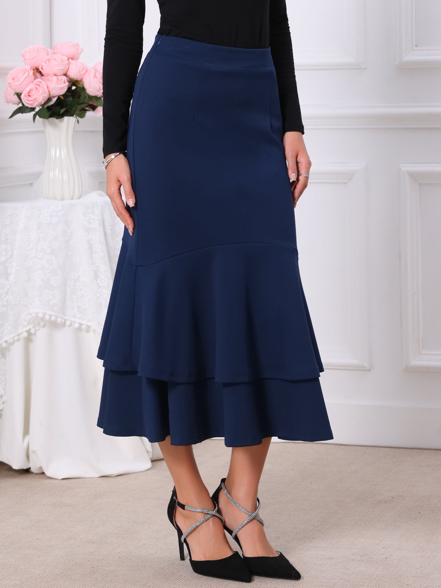 DARING DIVA Women's Ruffle Fishtail Skirt High Waist Bodycon Skirts S Dark Blue