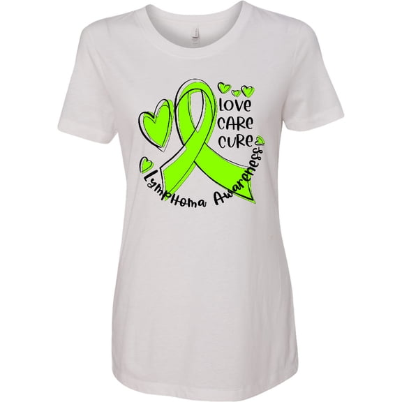 Inktastic Love, Care, Cure Lymphoma Awareness Lime Green Ribbon Hearts Women's T-Shirt