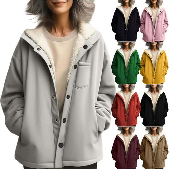 Stamzod Winter Jackets for Women Solid Color Fleece Lined Thicked Warm Button Jacket Coat with Pocket Casual Long Sleeve Hooded Coats for Women Gray L