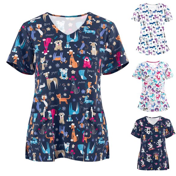 Fesfesfes Workout Tshirts Shirts for Women Fashion Short Sleeve V-neck Tops Working Uniform Print Blouse Short Sleeve Shirts for Women M(US:6)