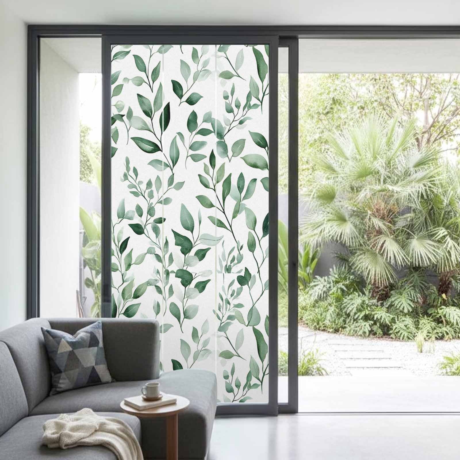 Eucalyptus Leaves Window Privacy Film Watercolor Green Plant Leaf Decorative Glass Window Film UV Blocking Static Cling Non-Adhesive Sticker Covering for Home Door 35.4x78.7 inches