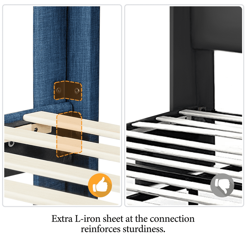 Renwick Upholstered Platform Queen Bed Frame with Wing Side, All Ages, Navy Blue