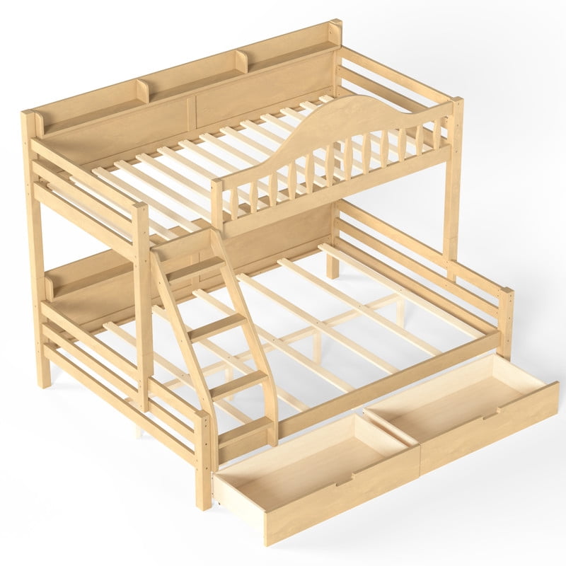 Twin Over Full Bunk Bed with 2 Storage Drawers, Solid Wood Kids Bunk Bed with Curved Guardrails, Side Storage Shelves and Ladder, No Box Spring Needed