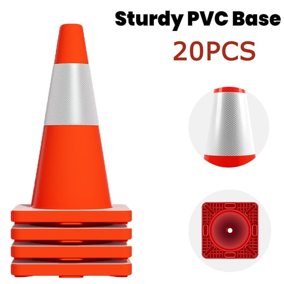 Safety Cones Traffic Cones,20 x 18" PVC Orange Reflective Collars Road Cones with Weighted Base,Orange Safety Cones Used for Traffic Control, Driveway Road Parking and School Improvement 20 PCS
