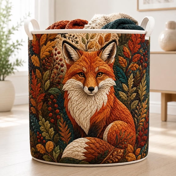 Autumn Fox Quilted Laundry Basket: Forest Storage Bin Hamper