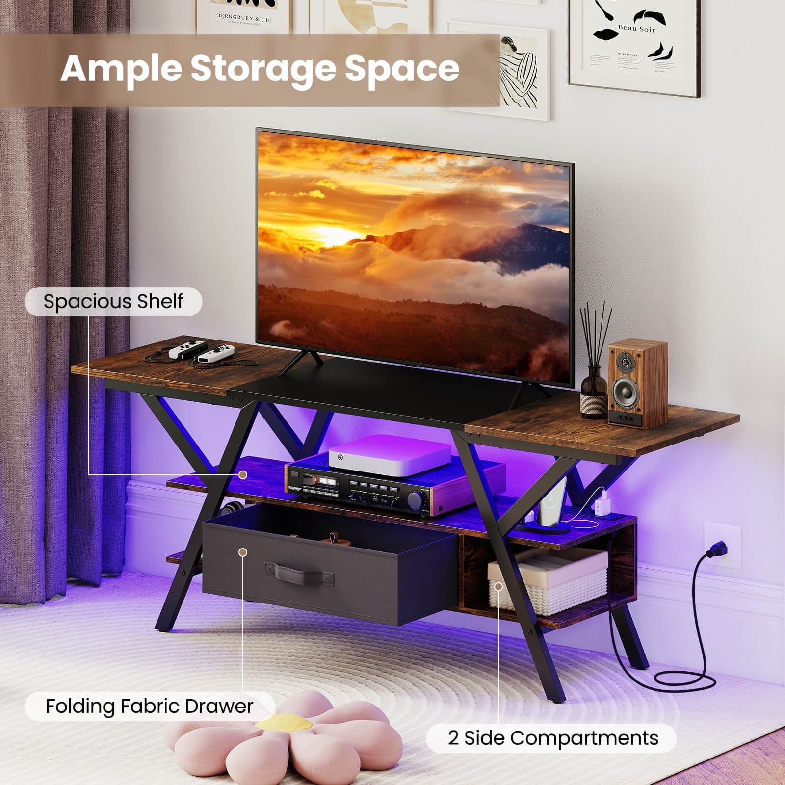 Costway 3-Tier TV Stand with Power Outlets for 65” TVs, LED Lights & Remote Storage Shelves Brown