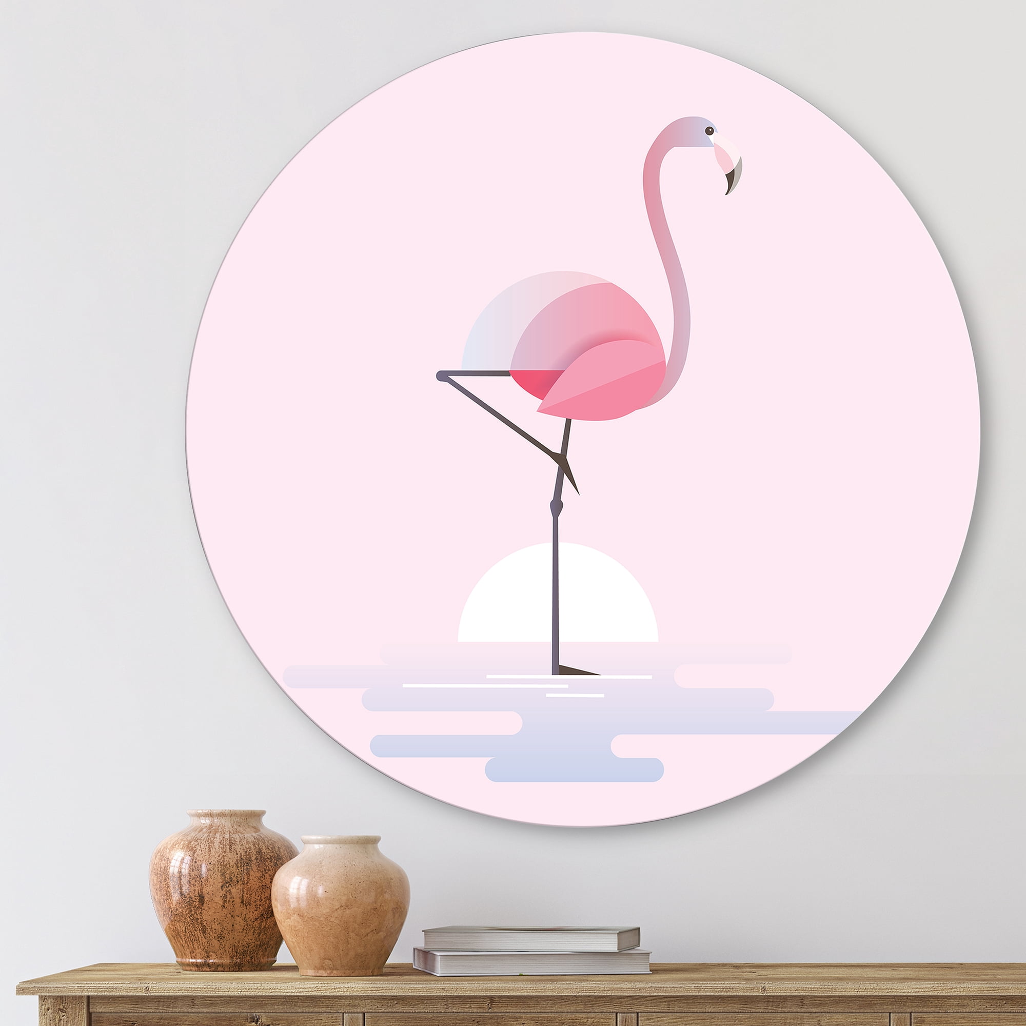 Designart 'Standing On One Toes Pink Flamingo' Farmhouse Circle Metal Wall Art 23x23 - Disc of 23