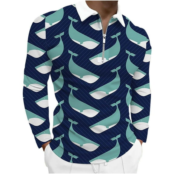 Mens Turndown Half Zipper Colorful Digital Print Long Sleeve Blouse