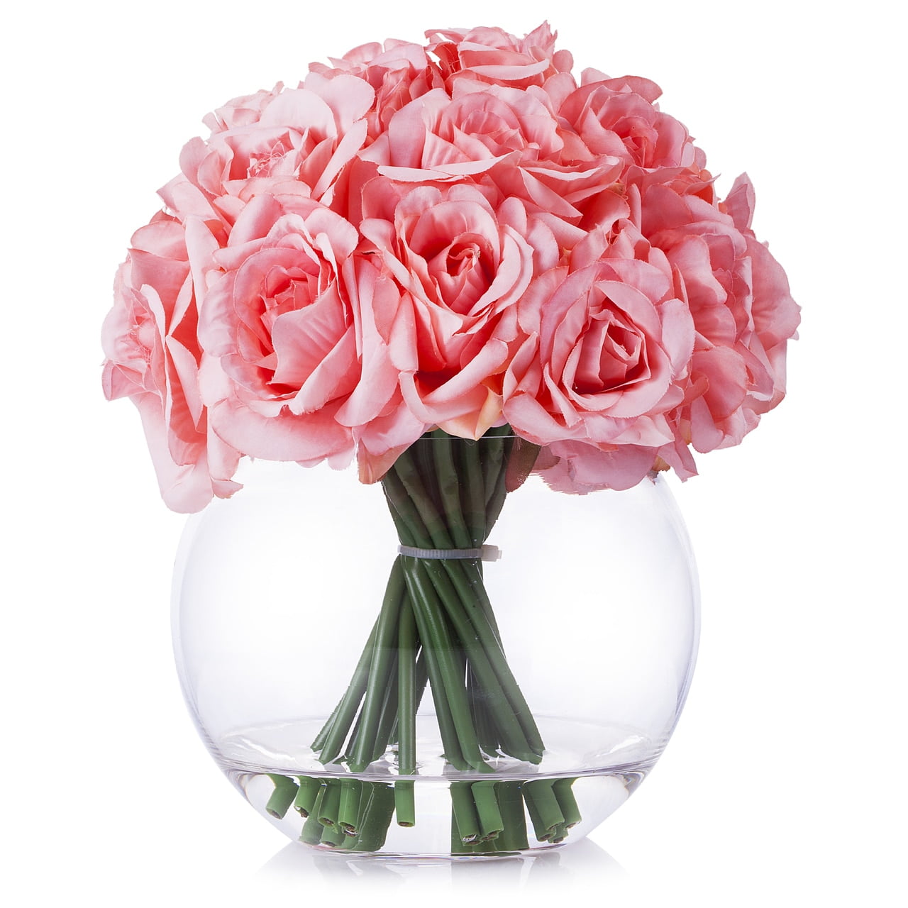 Enova Home 21 Heads Rose Silk Flower Arrangement in Round Clear Glass