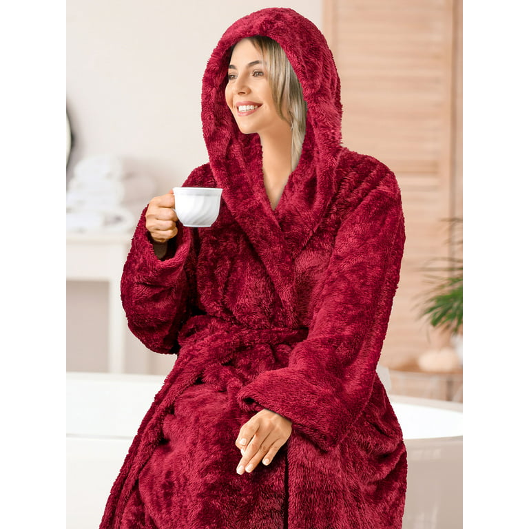 PAVILIA Women Hooded Plush Soft Robe | Fluffy Warm Fleece Sherpa Shaggy  Bathrobe (S/M, Wine Red)