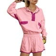 thumbnail image 6 of YOIAVAIOY Tennis sets Women Button Collar Pullover Sweat Shorts 2 Piece Athletic Baseball Outfits Travel Airport Set Resort Matching Wear Pink XL, 6 of 9