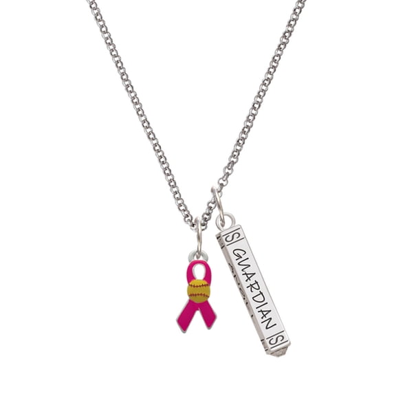 Delight Jewelry Silvertone Hot Pink Ribbon with Softball Silvertone Guardian Angel Bar Charm Necklace, 23"