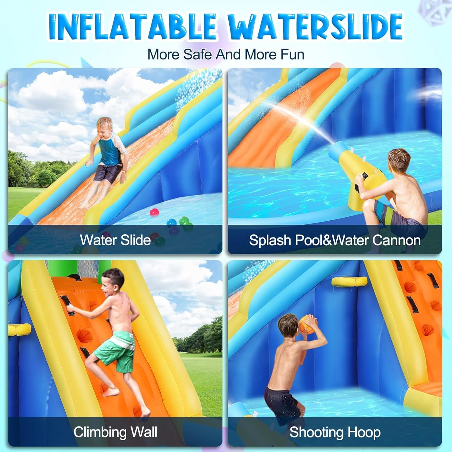 Veeboto Inflatable Water Slide, 5-in-1 Inflatable Water Park with Blower, Paddling Pool, 2 x Water Guns, Climbing Wall, Basketball Hoop, and Long Water Slide for 2-10 Years Kids