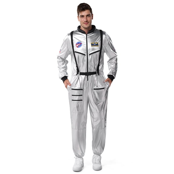 Joyfy Adult Men Astronaut Costume Halloween Spaceman Costume Silver Space Suit Spaceman Jumpsuit Pilot Outfit for Halloween Party Cosplay