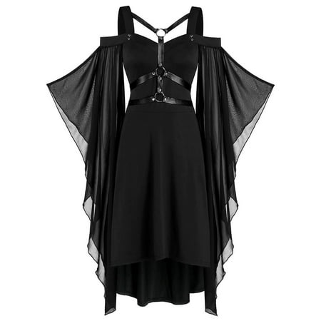 

Womnens Cold Shoulder Criss Cross Lace Insert Butterfly Sleeve Lace Up Easter Dress Plus Size Gothic Renaissance Steampunk Camisole Off-Shoulder Sleeve Irregular Dress