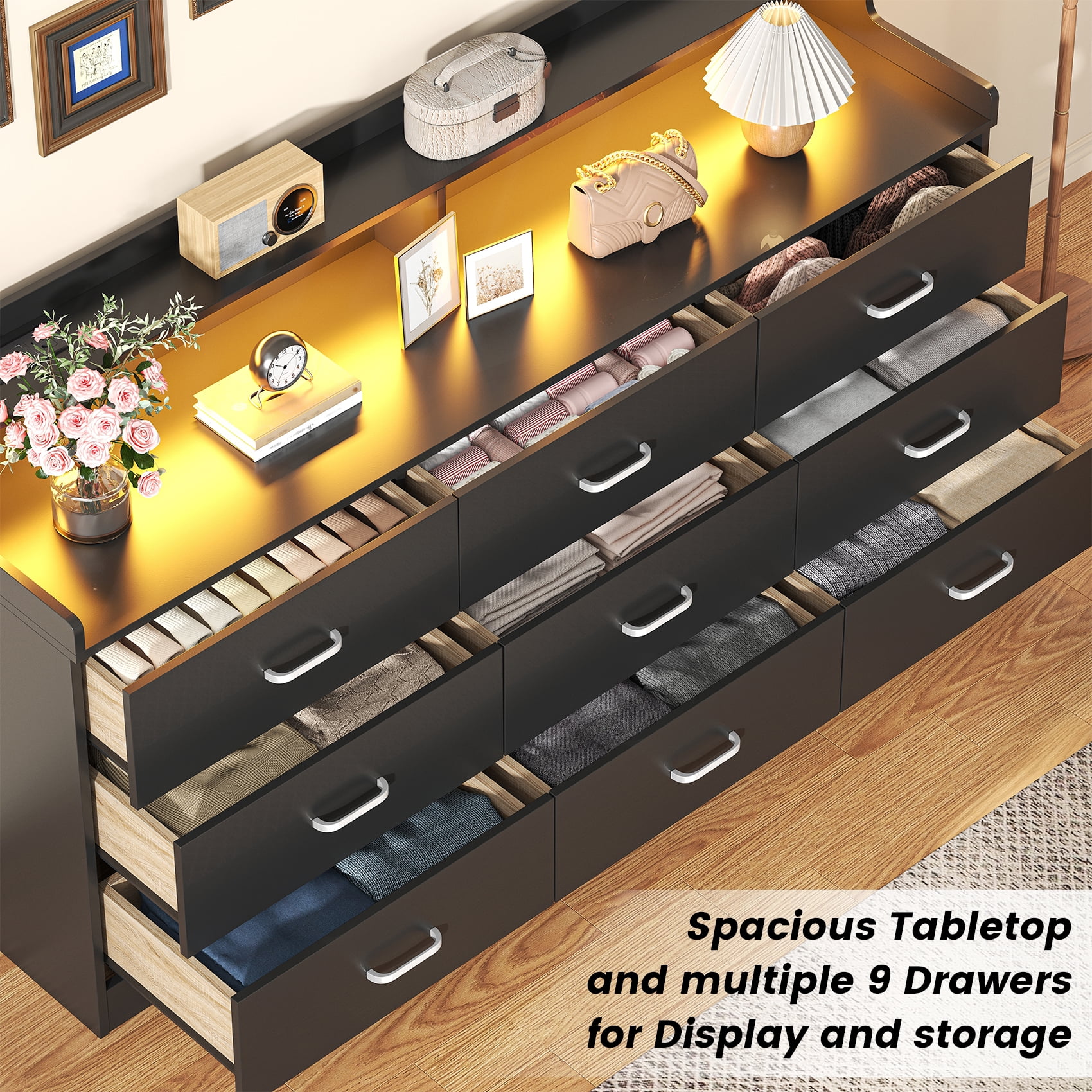 Frmobepts 9 Drawers Dresser, 63" Black Drawer Dresser with Power Outlet, Accent Chests of Drawers with LED Light, Modern Storage Dresser for Bedroom, Living Room